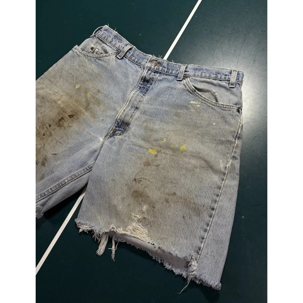 Vtg 90s Levi's 560 Orange Tab Jean Shorts Size 34‎ Distressed Cut Off Denim USA